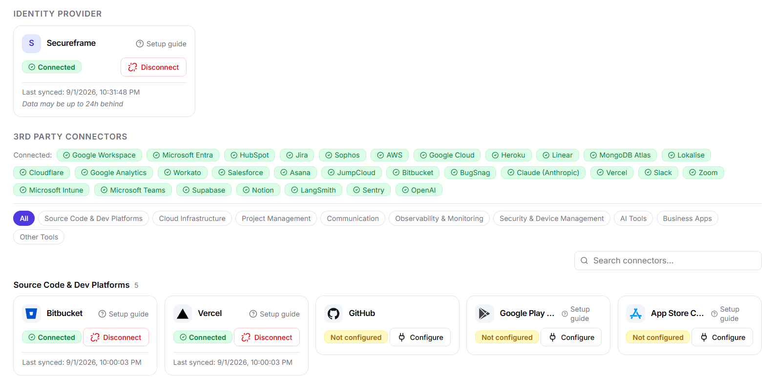 Securest connector settings page listing dozens of connected third-party services, organized by category, with a search bar over the connector grid.